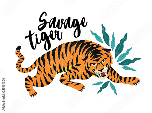 Savage Tiger. Vector illustration of tiger with tropical leaves. Trendy design for card, poster, tshirt. © Angelina Bambina