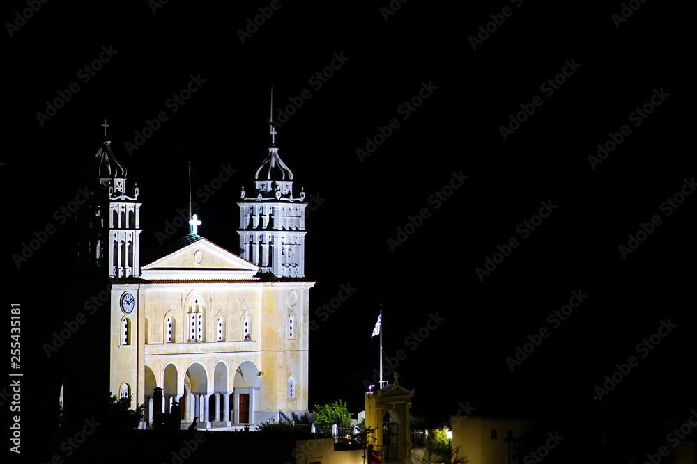 Panoramic view of the Byzantine church of Agia Triada Holy Trinity at night time, Lefkes