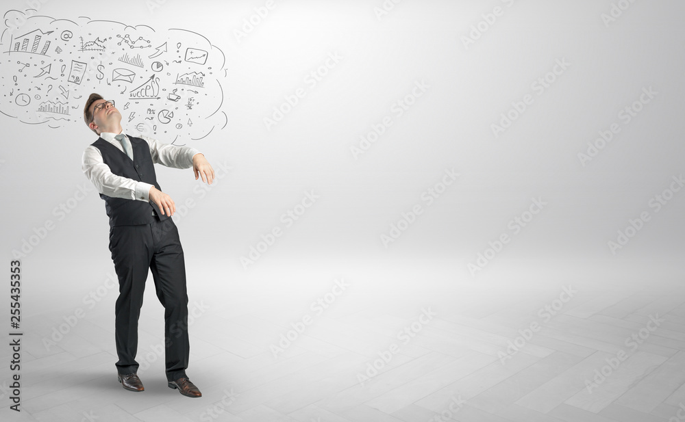 Fototapeta premium Sleeping sickness young businessman with questions, staffs in his head