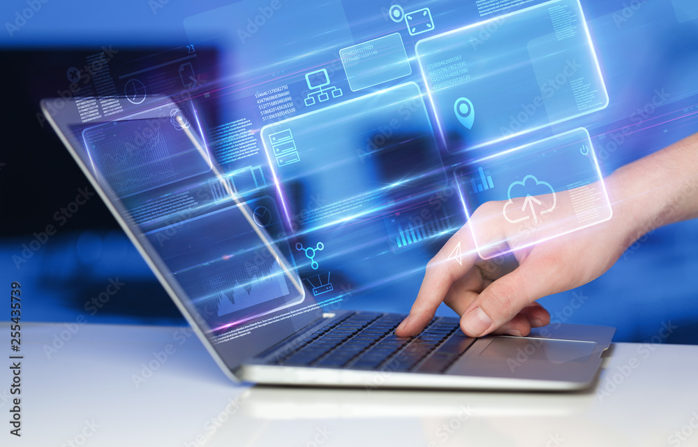 Hand using laptop with database reports and online work concept
Hand using laptop with database reports and online work concept