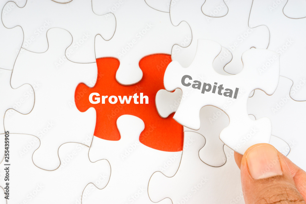 Hand holding piece of jigsaw puzzle with word CAPITAL GROWTH. Selective focus Hand holding piece of jigsaw puzzle with word CAPITAL GROWTH. Selective focus