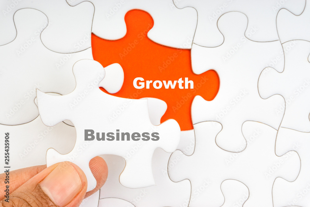 Hand holding piece of jigsaw puzzle with word BUSINESS GROWTH. Selective focus Hand holding piece of jigsaw puzzle with word BUSINESS GROWTH. Selective focus