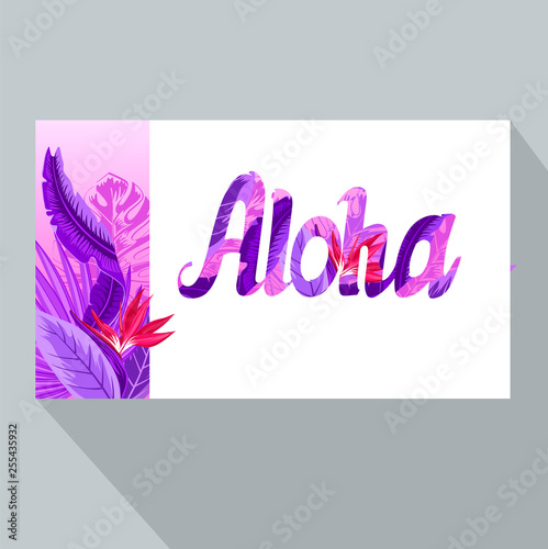 Aloha. Summer banner with tropical flowers, palm leaves, jungle plants, hibiscus, bird of paradise flower, exotic floral design for banner, flyer, invitation, poster, web site or greeting card. 