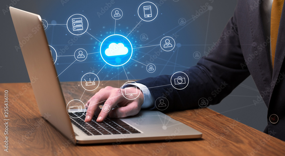 Businessman hand typing with cloud technology system and office symbol concept
Businessman hand typing with cloud technology system and office symbol concept