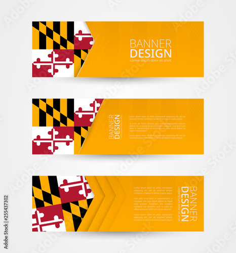 Set of three horizontal banners with US state flag of Maryland. Web banner design template in color of Maryland flag. photo