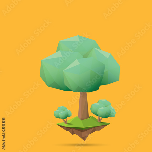 summer green low poly style tree isolated on orange background. Abstract Green tree design element for games and banners photo