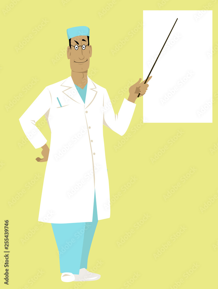 Doctor in a white coat and scrubs pointing at a board, EPS 8 vector illustration, copy space left Doctor in a white coat and scrubs pointing at a board, EPS 8 vector illustration, copy space left