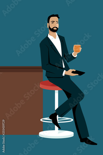 Young stylish man sitting at a bar with a drink and a smart-phone in his hands, alone, EPS 8 vector illustration