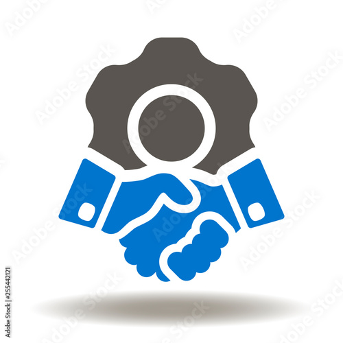 Handshake gear icon vector. Cogwheel deal illustration. Digital smart contract logo. Partnership, collaboration sign.