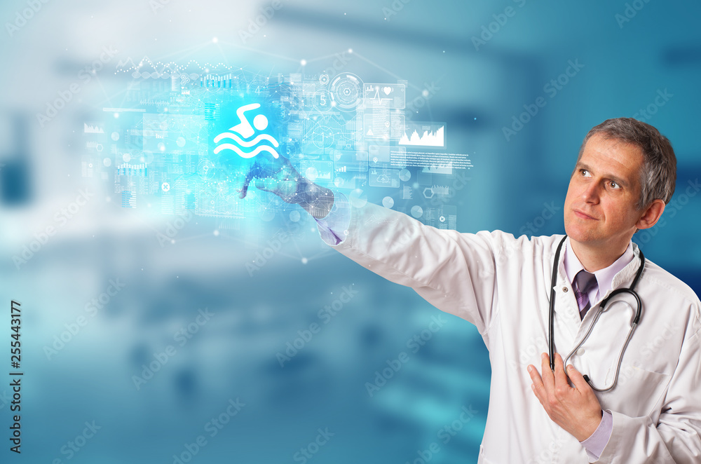 Doctor touching hologram screen displaying healthcare running symbols
Doctor touching hologram screen displaying healthcare running symbols