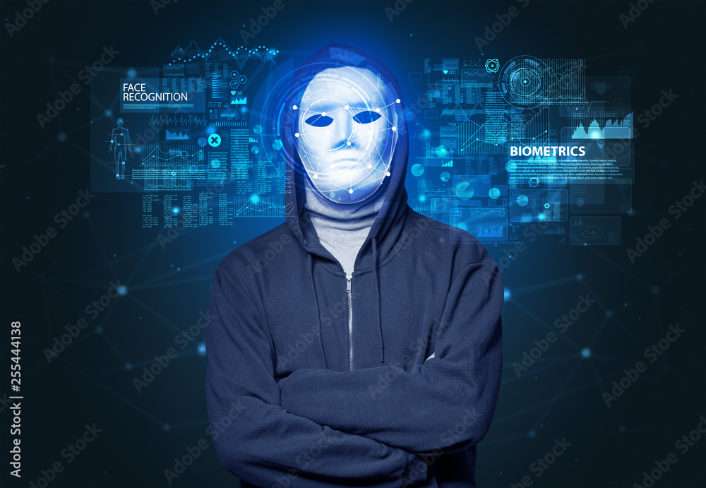 Biometric verification - young man face recognition concept Biometric verification - young man face recognition concept