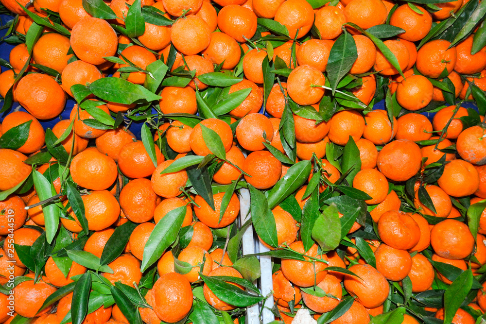 Many shining organic bright saturated oranges on market. pattern with leafes Many shining organic bright saturated oranges on market. pattern with leafes