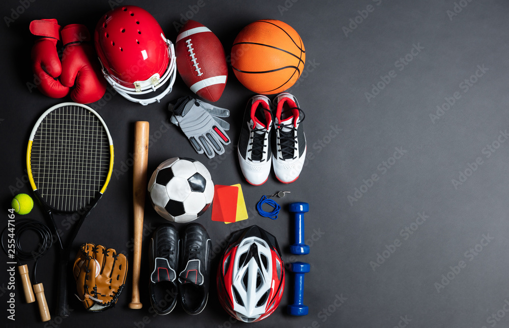 Sport Equipment On Black Background - obrazy, fototapety, plakaty 
