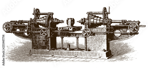 Historical double head horizontal boring machine (after an etching or engraving from the 19th century)