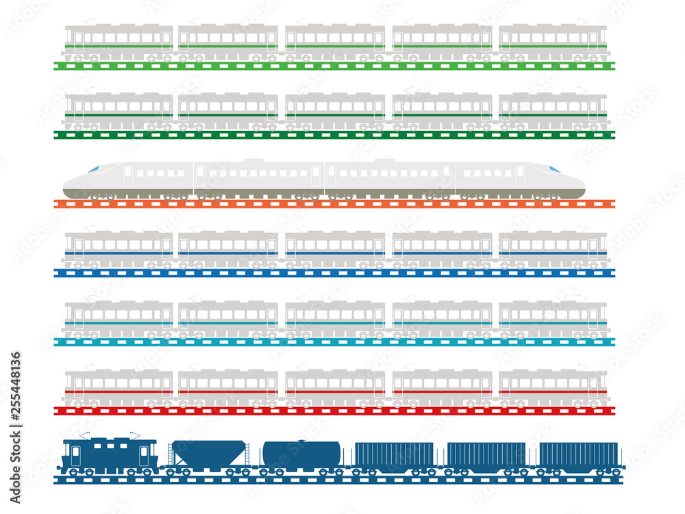 鉄道 電車のイラスト アイコン Jr各社のイメージカラーの通勤型電車と新幹線 貨物列車 Stock Vector Adobe Stock