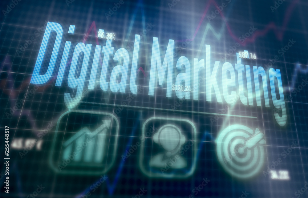 Digital Marketing concept on a blue dot matrix computer display. Digital Marketing concept on a blue dot matrix computer display.