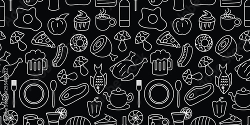 Hand drawn set of healthy food ingredient doodles seamless pattern with line art style in vector