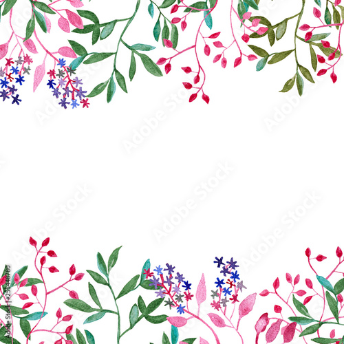 Frame with flowers and leaves on branches, watercolor painting isolated on white for headers and footers