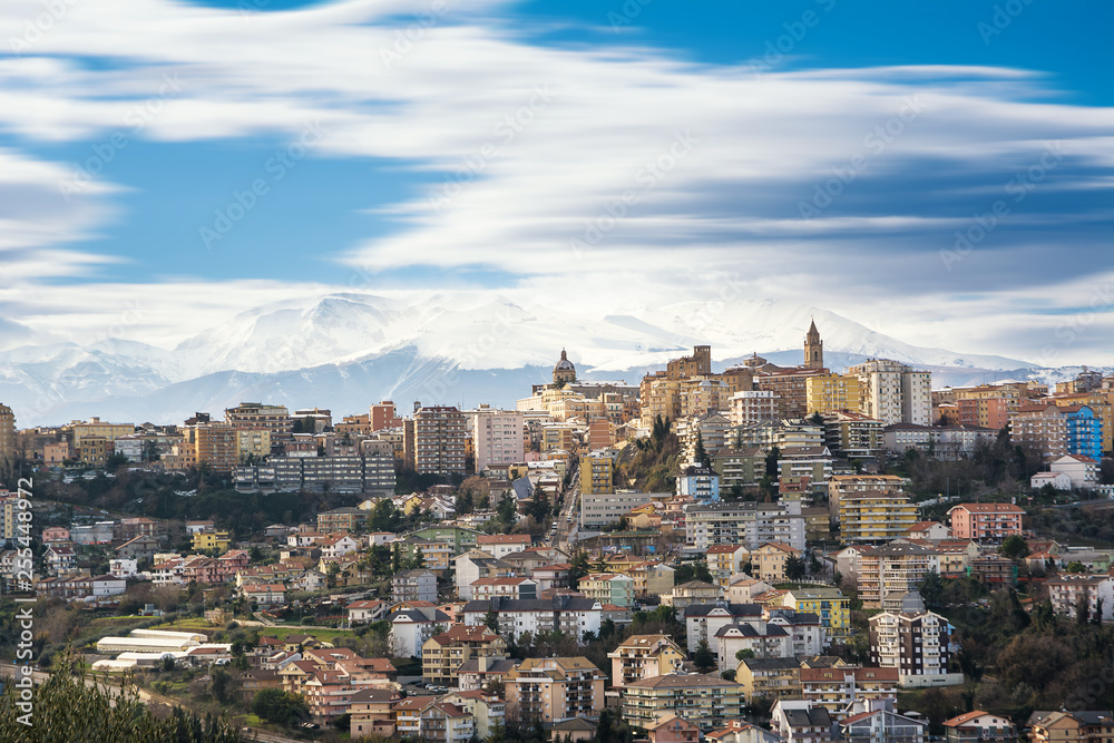 Chieti, one of the oldest cities in Abruzzo, with the snow-covered Maiella behind