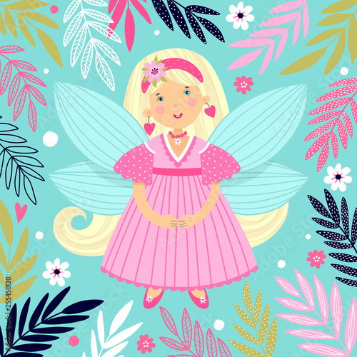 Illustration with a girl. Fairy in cartoon style