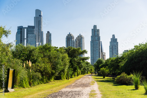 View at skyscrapers in Puerto Madero business district in Buenos Aires from the National Costanera Natural Reserve 
