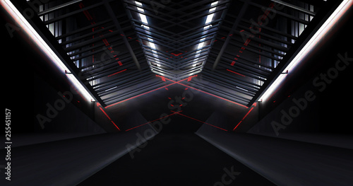 Fototapeta Naklejka Na Ścianę i Meble -  tunnel, corridor. White neon lamps in bright, empty space, Led neon, dark blue abstract background with metal structures. 3D Rendering
