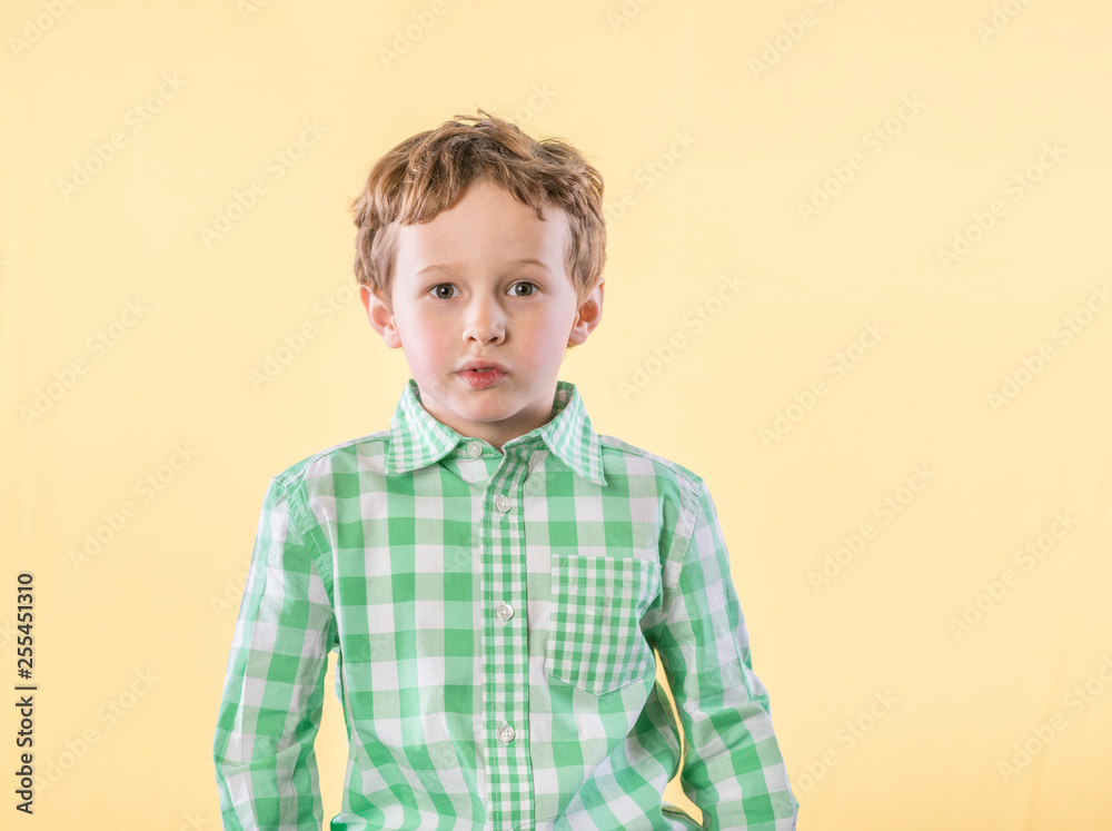 Little boy in green and white checkered shirt with serious expression isolated on yellow background Little boy in green and white checkered shirt with serious expression isolated on yellow background