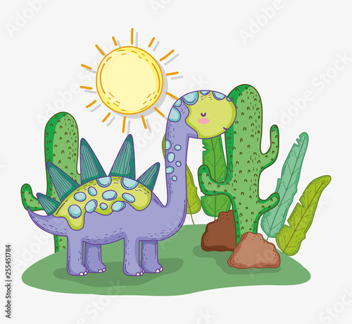 cute stegosaurus animal with cactus and sun