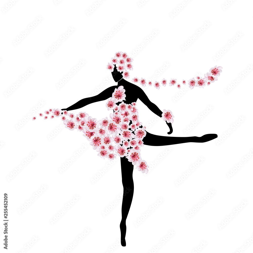 Fototapeta premium Pink cherry blossom sakura flowers in dress and hair of young girl. Japanese