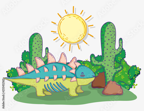 cute ankylosaurus wildlife animal with sun and cactus