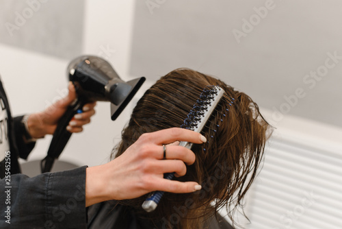 the hairdresser dries the wet hair with a hair dryer to the client. Beautiful beauty salon. Copyspace