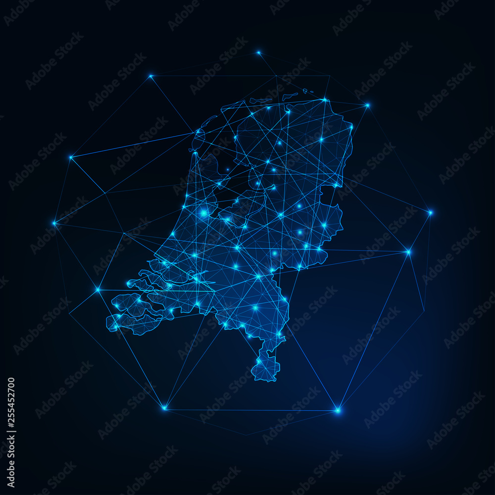 Netherlands map glowing silhouette outline made of stars lines dots triangles, low polygonal shapes. - obrazy, fototapety, plakaty 