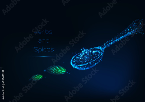 Glowing low polygonal herbs and spices in wooden spoon and text on dark blue background.