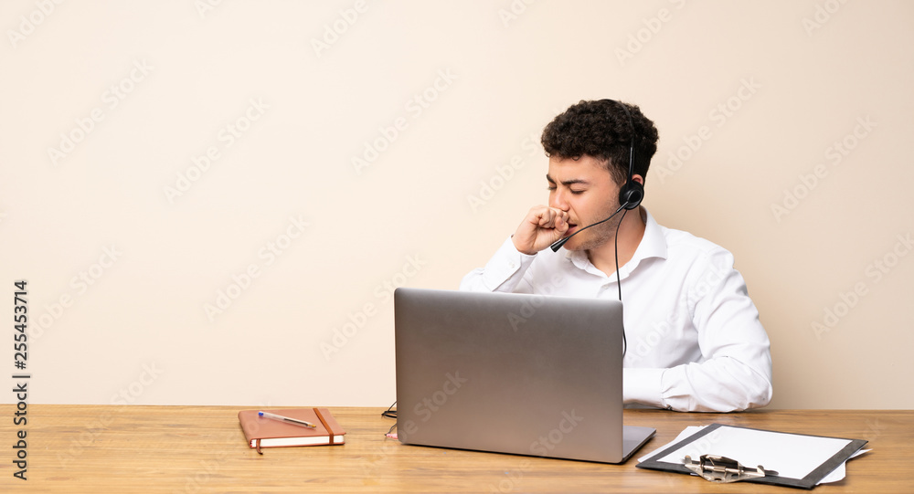 Telemarketer man is suffering with cough and feeling bad Telemarketer man is suffering with cough and feeling bad