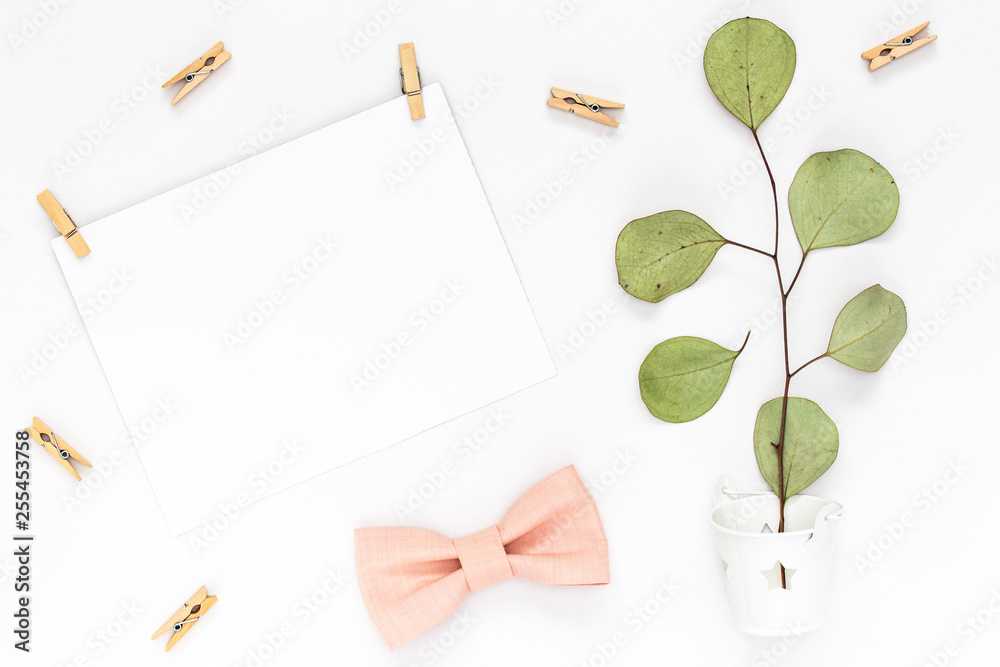 Top view on Beautiful greeting card idea with area for your text with sprigs and leaves, wooden clothespins, and a powdery bow tie copyspace, topview, mockup, flatlay Top view on Beautiful greeting card idea with area for your text with sprigs and leaves, wooden clothespins, and a powdery bow tie copyspace, topview, mockup, flatlay