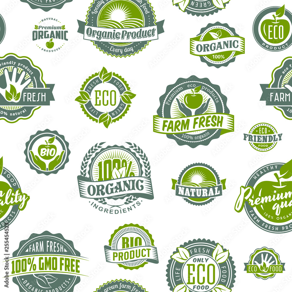 Organic farm fresh food logo set seamless pattern