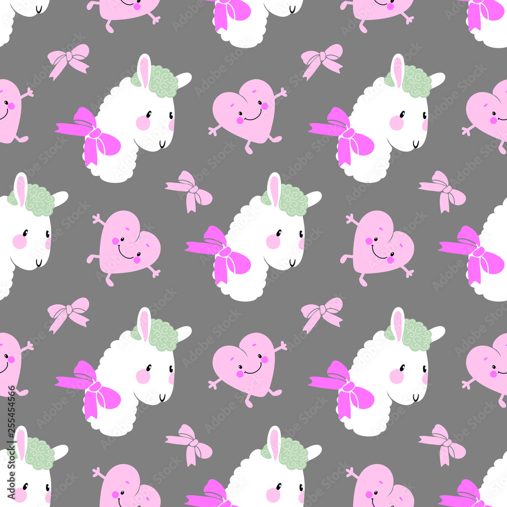 seamless vector pattern, alpaca pattern and pink heart on gray background seamless vector pattern, alpaca pattern and pink heart on gray background