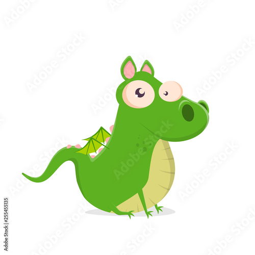 funny vector illustration of a sitting green cartoon dragon
