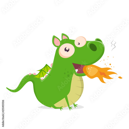 funny vector illustration of a green cartoon dragon spitting fire