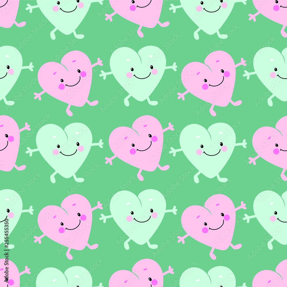 seamless vector pattern kawaii pink and blue hearts on a green background