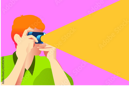 Young man shooting compact film camera, concept of travel and explore time.