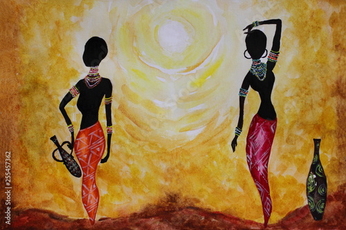 Watercolor picture African girls with a jug