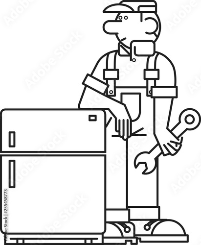 Happy repairman and refrigerator