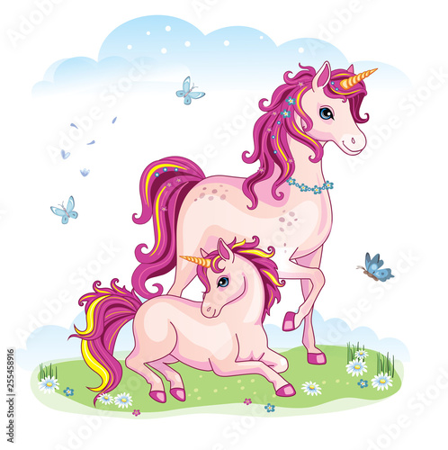 Dekoracja na wymiar  horse-with-foal-on-a-green-meadow-wonderland-vector-cartoon-illustration-children-s-theme