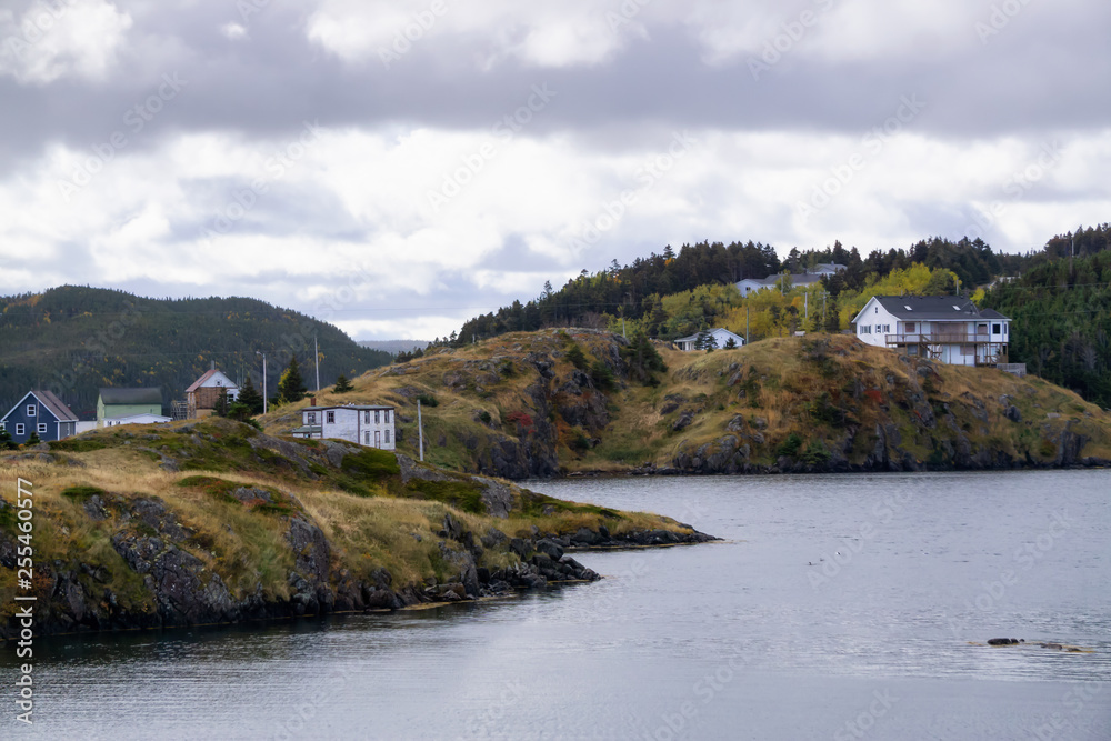 Scenic view of a small town on the Atlantic Ocean Coast during a cloudy evening. Taken in Salt Harbour, Newfoundland and Labrador, Canada.