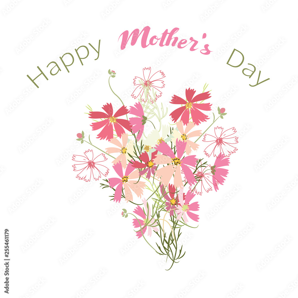 Elegant design greeting cards with text and colorful Mother's Day flowers, decorated background.