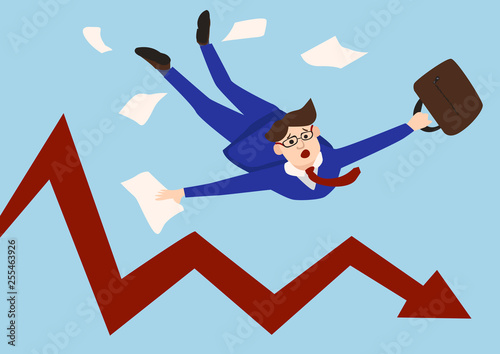 Businessman Falls down the Sales Chart. Symbol of bankruptcy, failure, recession, crisis and financial losses on stock exchange market. Business and finance concept. Vector illustration.