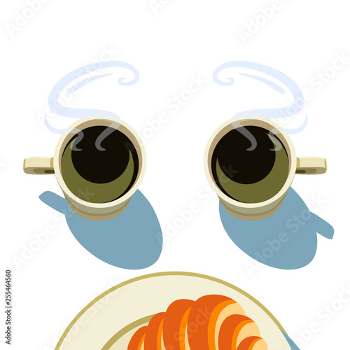 Steaming cups of coffee with plate & croissant