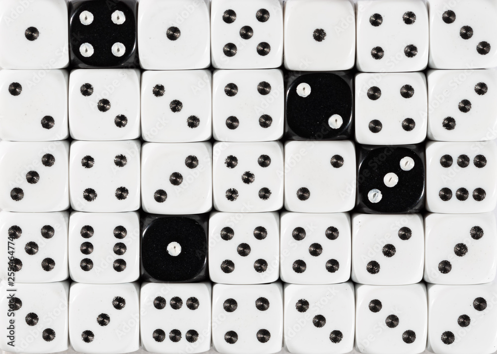 Background of random ordered white dices with four black cubes Background of random ordered white dices with four black cubes