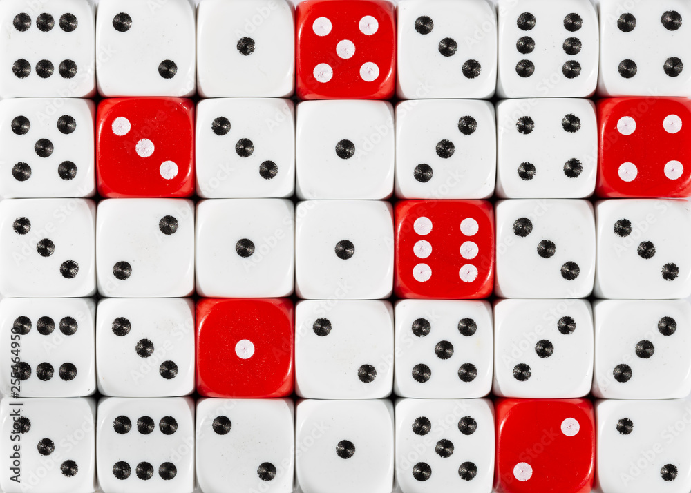Background of random ordered white dices with six red cubes Background of random ordered white dices with six red cubes